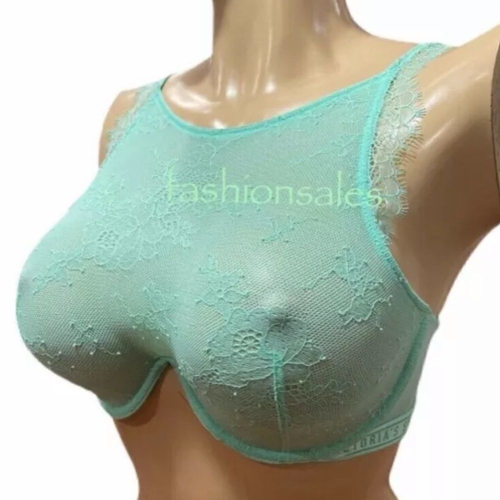 Victoria's Secret Logo High-Neck Underwire Unlined Lace Sexy Bra Green